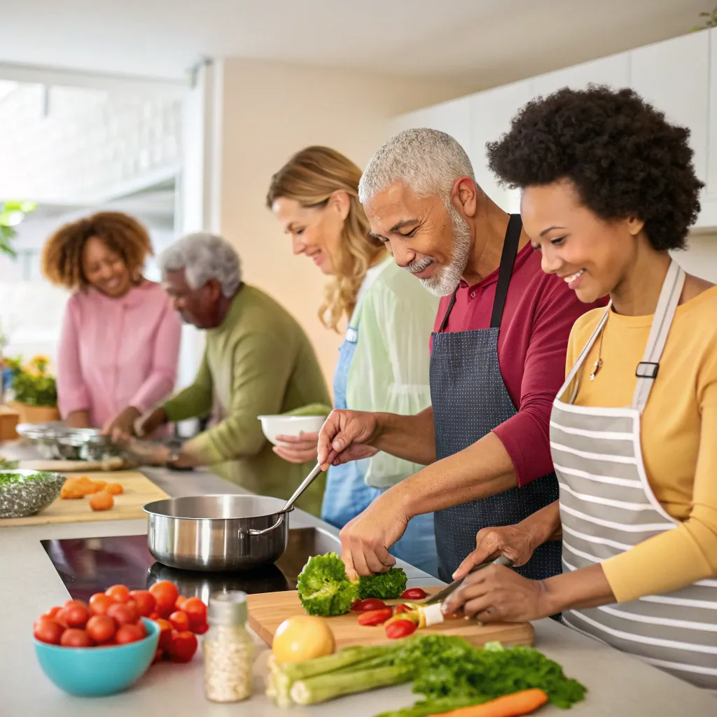 A diverse group of people learning to cook healthy dishes together