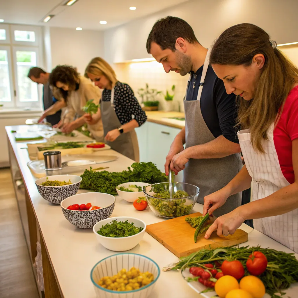 Participants in a healthy cooking class preparing meals with fresh ingredients